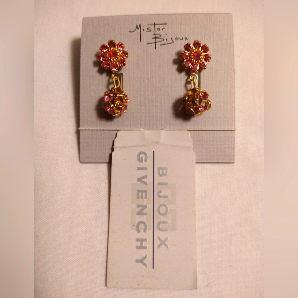 GIVENCHY MISTER BIJOUX PINK & ORANGE RHINESTONE BALL DROP EARRINGS (NWT)
